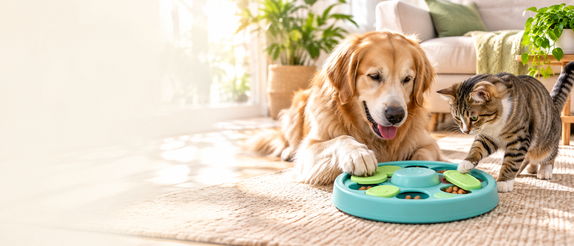 Dog and cat exploring an interactive puzzle toy in a bright living room.