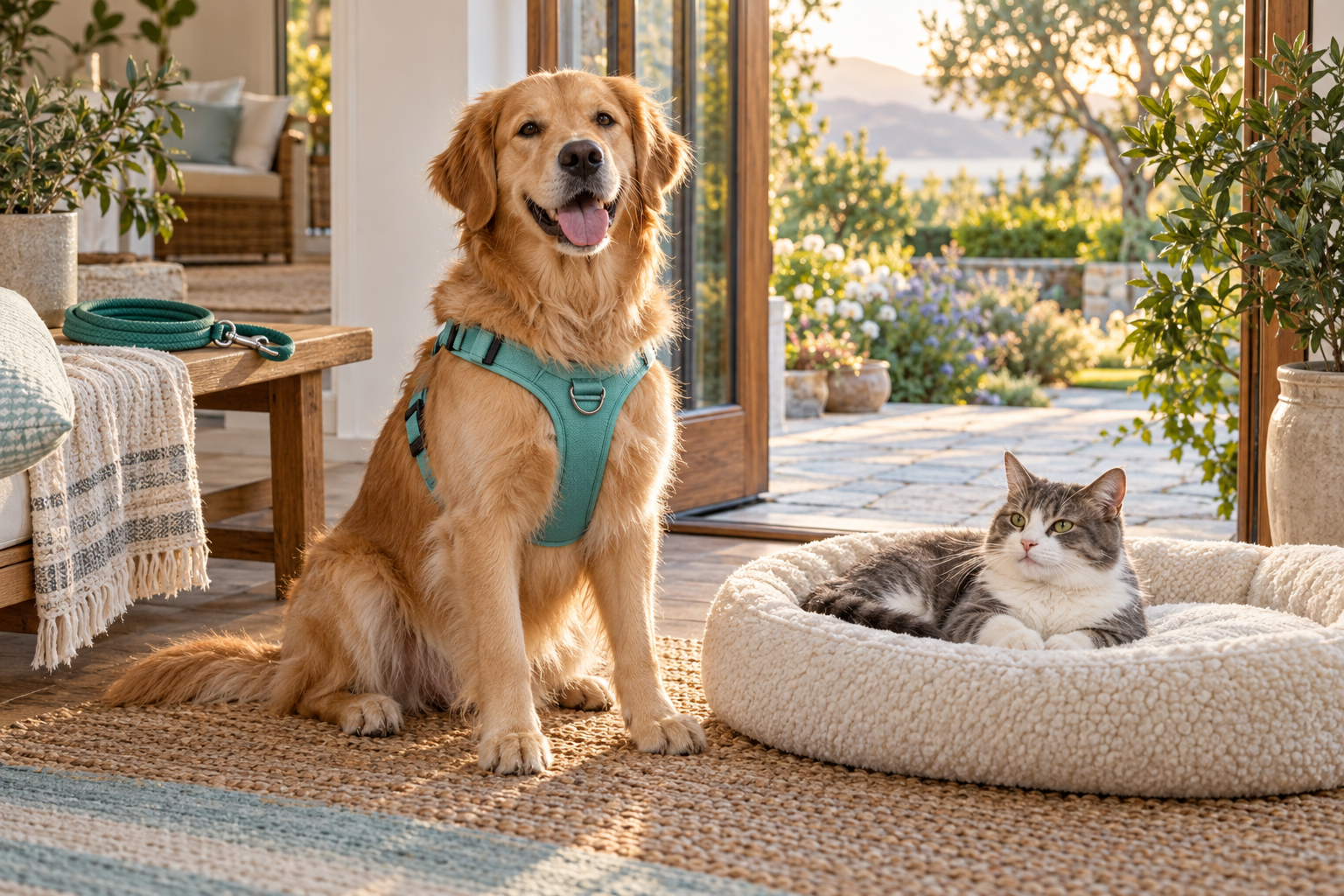 Golden retriever wearing an aqua harness beside a cat resting in a pet bed near an open patio door.
