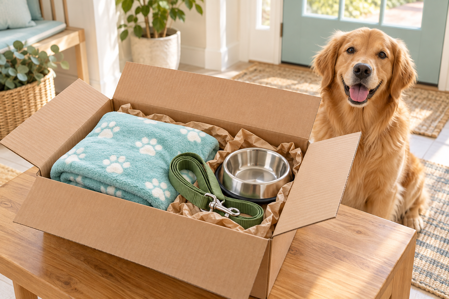 Open shipping box containing a pet blanket, leash, and bowl, with a golden retriever nearby.