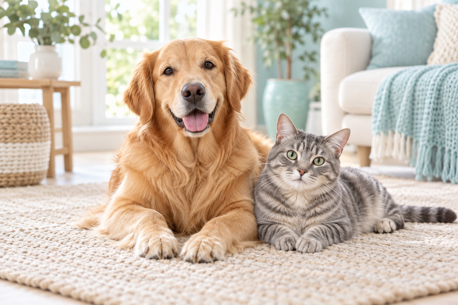 Golden retriever and gray tabby cat relaxing together on a rug in a bright living room.