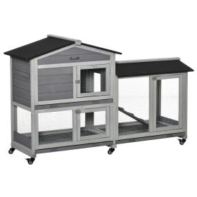 Wooden Rabbit Hutch 62" with Wheels Light Gray Bunny Cage Pet Playhouse Indoor Outdoor