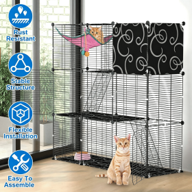 3-Level Metal Cat Cage Enclosure, Modular Pet Habitat with 3 Doors, 2 Ladders, Plush Hammock and Toy Ball for Small Indoor Animals