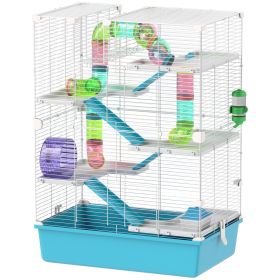 6 Tier Hamster Cage with Tubes and Tunnels, Hut, Wheel, Food Dish, Water Bottle, Ramps, for Dwarf & Gerbil, Light Blue