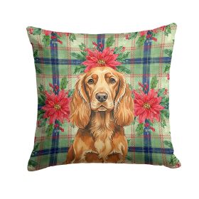 Sussex Spaniel Christmas PoinsettIas Throw Pillow Decorative Indoor Outdoor Accent Cushion for Couch, Bed or Patio, 14Hx14W