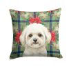 White and Cream Bichon Frise Christmas PoinsettIas Throw Pillow Decorative Indoor Outdoor Accent Cushion for Couch, Bed or Patio, 18Hx18W