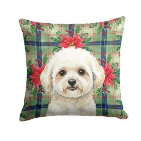 White and Cream Bichon Frise Christmas PoinsettIas Throw Pillow Decorative Indoor Outdoor Accent Cushion for Couch, Bed or Patio, 18Hx18W