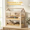 Wooden Hamster Cage, 3-Tier Small Animal Cage with Hut, Seesaw, Ramps, Exercise Wheel, Acrylic Panel and Bottom Tray