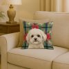 White and Cream Bichon Frise Christmas PoinsettIas Throw Pillow Decorative Indoor Outdoor Accent Cushion for Couch, Bed or Patio, 18Hx18W