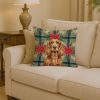 Sussex Spaniel Christmas PoinsettIas Throw Pillow Decorative Indoor Outdoor Accent Cushion for Couch, Bed or Patio, 14Hx14W